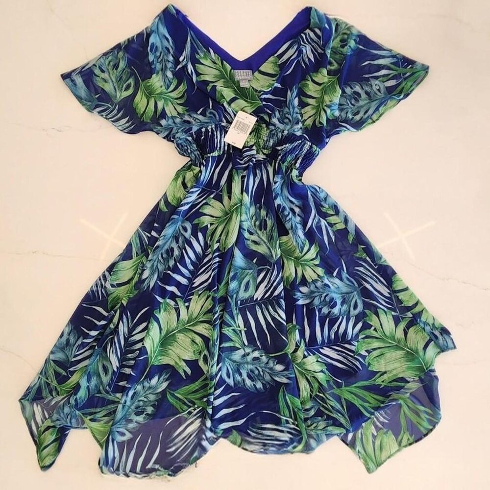 NEW Rabbit Rabbit Rabbit Sz 6P Flutter Sleeves Asymmetrical Dress Tropical Leaf